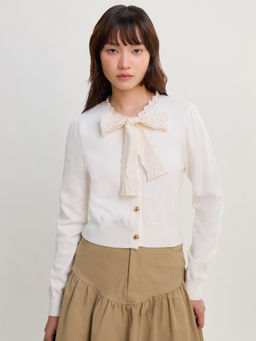 Pomelo - Lace Bow Detailed Cardigan - White