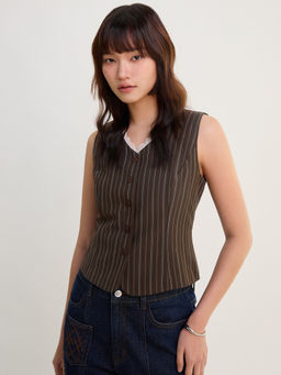 Pomelo - Pinstripe Vest with Lace Trim Detail - Brown