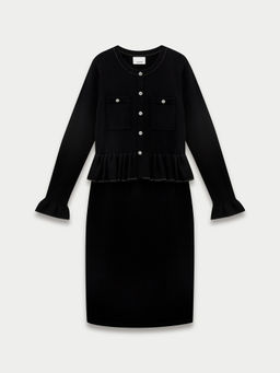 Pomelo - Long Sleeve Peplum Midi Dress - Black