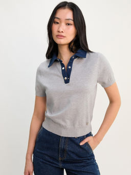 Pomelo - Denim Collar Knit Polo Top - Light Grey