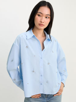 Pomelo - Crystal Embroidered Long Sleeve Shirt - Baby Blue