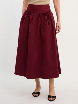 Pomelo - Bow Accent Skirt with Side Pockets - Burgundy