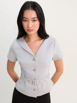 Pomelo - Tweed Belted Shirt Sleeve Blazer - Baby Blue