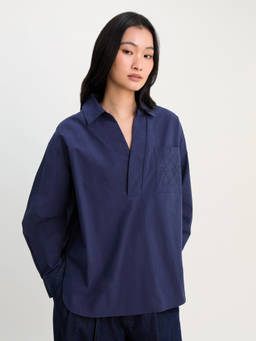 Pomelo - Pocketed Oversized Roll Sleeve Shirt - Blue