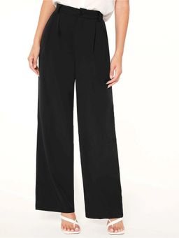Fnocks - Women Black Cotton Solid A-Line Fit Trouser
