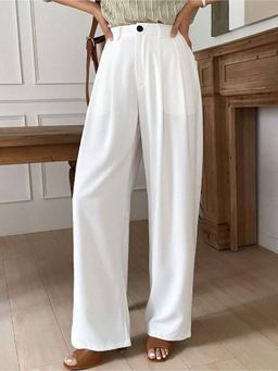 Fnocks - Women White Cotton Solid A-Line Fit Trouser