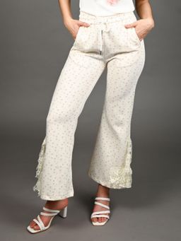 Odette - Women Ivory Cotton Blend Printed Regular Fit Trouser