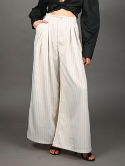 Odette - Women Ivory Polyester Stripes Regular Fit Trouser