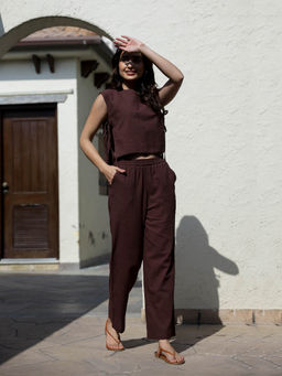 SAY - Women Woven Cotton Brown Colour Solid Sleepwear Night Suit (Set of 2)