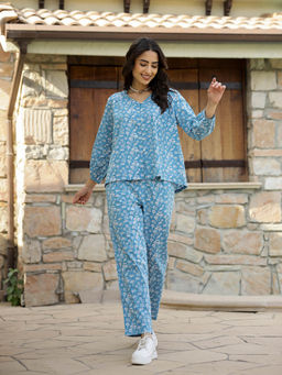 SAY - Women Woven Cotton Blue Colour Printed Sleepwear Night Suit (Set of 2)