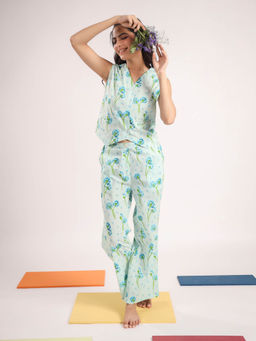 SAY - Women Woven Cotton Blue Colour Floral Sleepwear Night Suit (Set of 2)