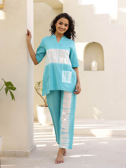 SAY - Women Woven Cotton Blue Colour Tie & Dye Sleepwear Night Suit (Set of 2)