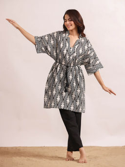SAY - Women Woven Cotton Black Colour Geometric Sleepwear Night Suit (Set of 2)