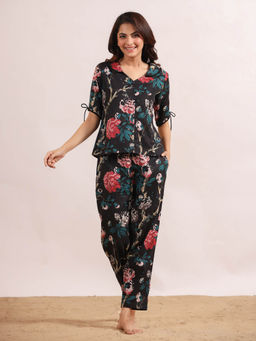 SAY - Women Woven Cotton Black Colour Floral Sleepwear Night Suit (Set of 2)