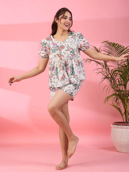 SAY - Women Woven Cotton Multi-Color Colour Floral Sleepwear Night Suit (Set of 2)