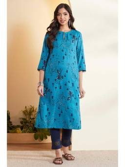 Biba - Women Blue Floral Viscose Kurta