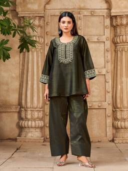 Tikhi Imli - Women Black Embellished/Sequined Silk Blend Top with Palazzo