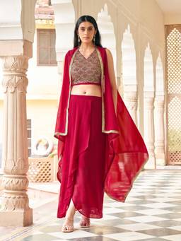 Tikhi Imli - Women Red Embellished/Sequined Georgette Crop Top and Skirt with Shrug
