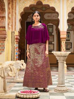 Tikhi Imli - Women Wine Embellished/Sequined Georgette Top with Skirt
