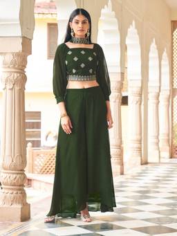 Tikhi Imli - Women Green Embroidered Georgette Crop Top and Palazzo with Dupatta