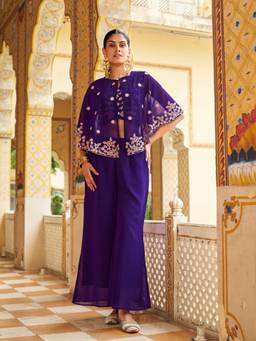 Tikhi Imli - Women Purple Floral Georgette Crop Top with Palazzo