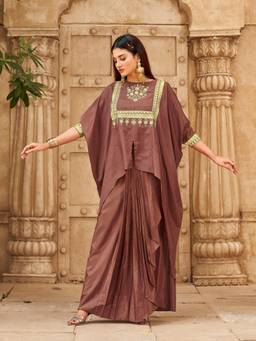 Tikhi Imli - Women Brown Embroidered Silk Blend Kaftan with Skirt