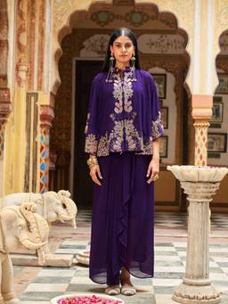 Tikhi Imli - Women Purple Embroidered Georgette Top with Skirt