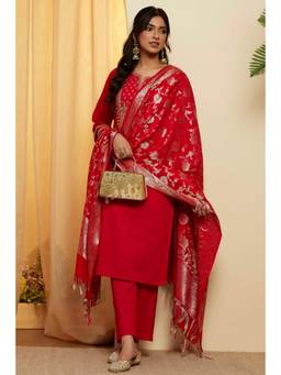 Biba - Women Red Floral Cotton Blend Dupatta