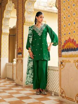 Tikhi Imli - Women Green Embroidered Silk Blend Kurta and Palazzo with Dupatta