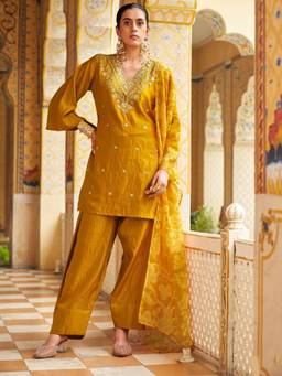 Tikhi Imli - Women Yellow Embroidered Silk Blend Kurta and Palazzo with Dupatta