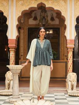 Tikhi Imli - Women Green Embroidered Silk Blend Kurti and Salwar with Dupatta