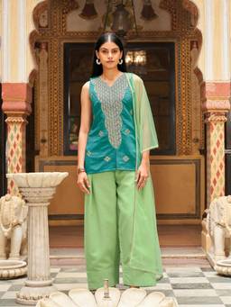 Tikhi Imli - Women Green Embroidered Silk Blend Kurta and Palazzo with Dupatta