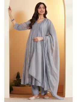 Biba - Women Blue Solid/Plain Cotton Blend Anarkali Kurta and Pant with Dupatta