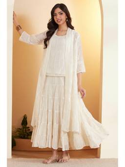 Biba - Women White Embroidered Cotton Blend Top and Co-Ord Set
