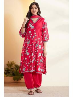 Biba - Women Pink Printed Cotton Kurta and Salwar with Dupatta