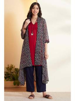 Biba - Women Blue Printed Polyester Shrug, Kurta and Pant with Necklace