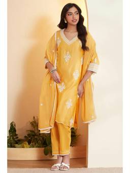 Biba - Women Yellow Printed Chanderi Silk Kurta and Pant with Dupatta