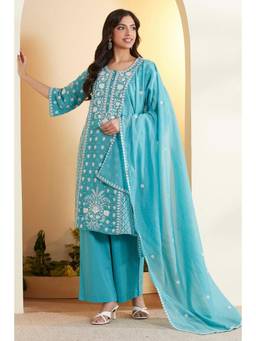 Biba - Women Teal Embroidered Viscose Rayon Kurta and Pant with Dupatta