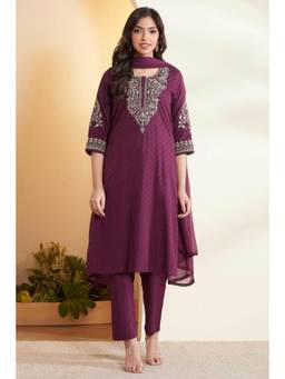 Biba - Women Purple Embroidered Cotton Kurta and Pant with Dupatta