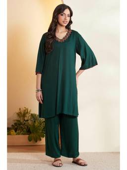 Biba - Women Green Embroidered Viscose Kurta with Pant