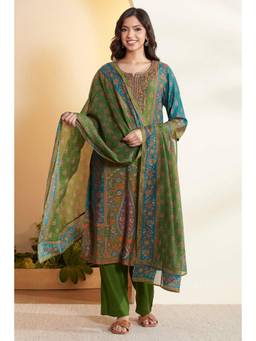Biba - Women Green Printed Viscose Rayon Kurta, Inner and Palazzo with Dupatta