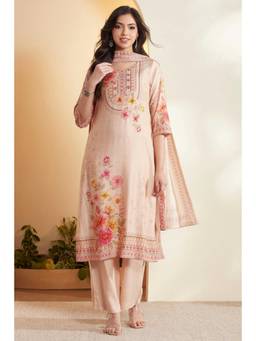 Biba - Women Beige Printed Viscose Rayon Kurta and Pant with Dupatta