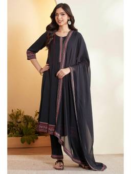 Biba - Women Black Embellished/Sequined Viscose Kurta and Pant with Dupatta