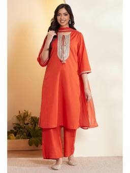 Biba - Women Orange Embellished/Sequined Cotton Kurta and Pant with Dupatta