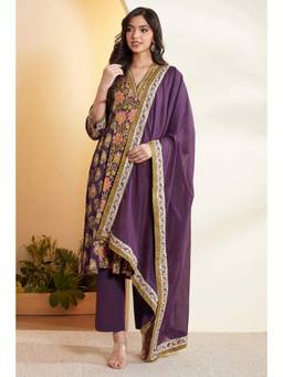 Biba - Women Purple Printed Cotton Kurta and Pant with Dupatta