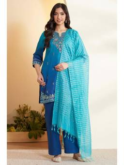 Biba - Women Blue Printed Viscose Rayon Kurta, Inner and Palazzo with Dupatta