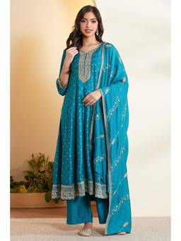 Biba - Women Blue Printed Cotton Anarkali Kurta and Pant with Dupatta