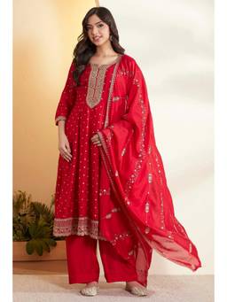 Biba - Women Red Printed Cotton Anarkali Kurta and Pant with Dupatta
