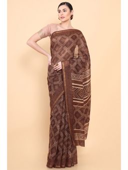Soch - Women Brown Chanderi Printed Saree with Unstitched Blouse