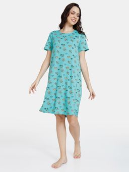 Zivame - Summertime Knit Cotton Knee Length Nightdress - Bermuda - Blue